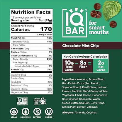 IQBAR Brain and Body Plant Protein Bars - Chocolate Mint Chip - 12-Count Low Carb - Gluten Free