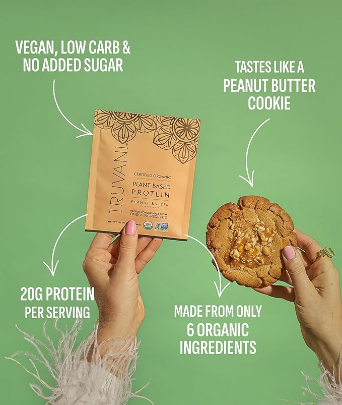 Truvani Vegan Pea Protein Powder | Peanut Butter | 32.7g Organic Plant Based Protein | 1 Serving |