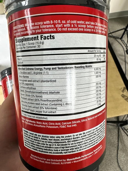 MuscleMeds Nitrotest Pre-Workout Supplement Drink, Boost Nitric Oxide, Testosterone, Watermelon, 30