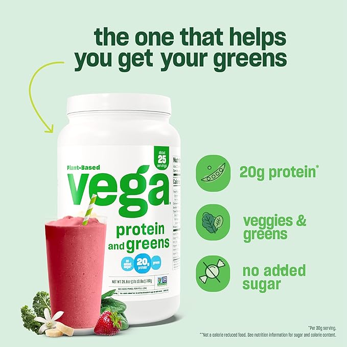 Vega Protein and Greens Protein Powder, Vanilla - 20g Plant Based Protein Plus Veggies, Vegan, Non