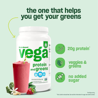 Vega Protein and Greens Protein Powder, Vanilla - 20g Plant Based Protein Plus Veggies, Vegan, Non