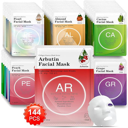 VESPRO 144 Pack Collagen Essence Sheet Facial Masks, Bulk Sheet Masks for Face, Hydrating Facial