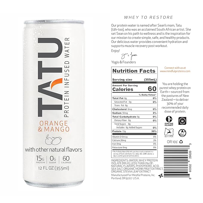TATU Ready-To-Drink Protein Infused Water Orange Mango 4 Pack. 15 grams of whey protein isolate, 0
