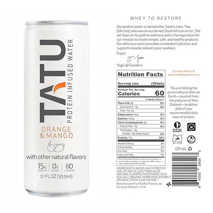 TATU Ready-To-Drink Protein Infused Water Orange Mango 4 Pack. 15 grams of whey protein isolate, 0