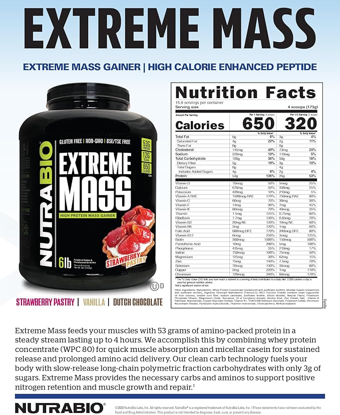 NutraBio Extreme Mass Gainer Protein Powder, 53G Protein, Clean Weight Gainer, Increase Muscle