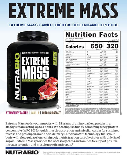 NutraBio Extreme Mass Gainer Protein Powder, 53G Protein, Clean Weight Gainer, Increase Muscle