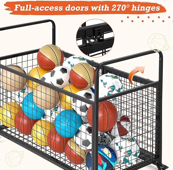 AECOJOY Ball Cart Storage, Rolling Basketball Bin with Wheels for Garage, School, Gym, Sports