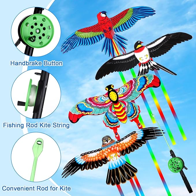 4Pcs Large Fishing Rod Kite for Kid Adults 23.62 Inch Vivid Swallow Parrot Phoenix Butterfly Kite