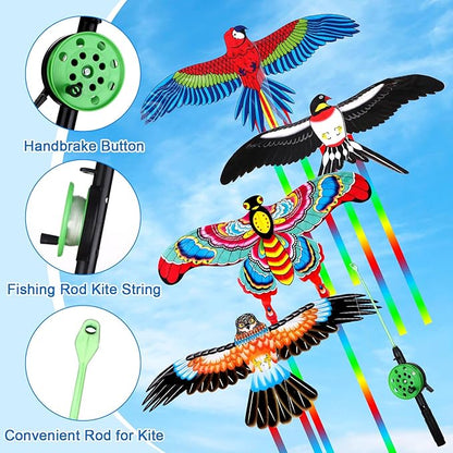 4Pcs Large Fishing Rod Kite for Kid Adults 23.62 Inch Vivid Swallow Parrot Phoenix Butterfly Kite