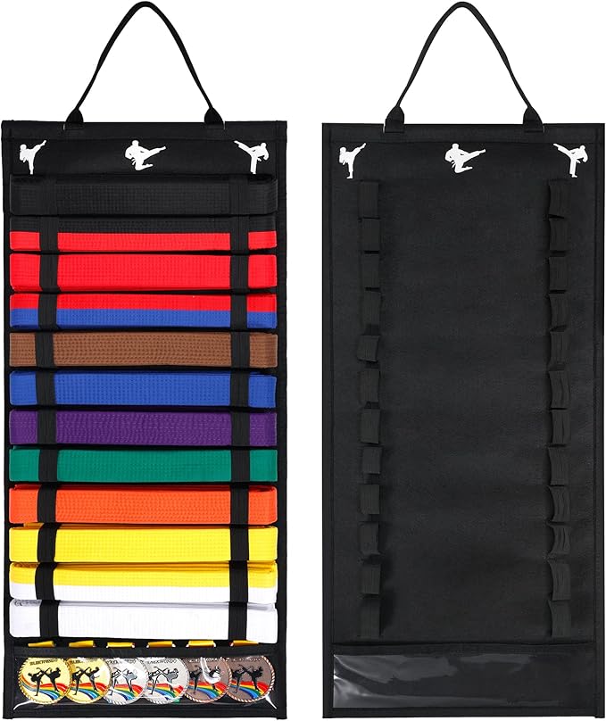 12 Belts Karate Belt Display Rack with PVC Medal Storage, Felt Taekwondo Belt Display Holder, Felt