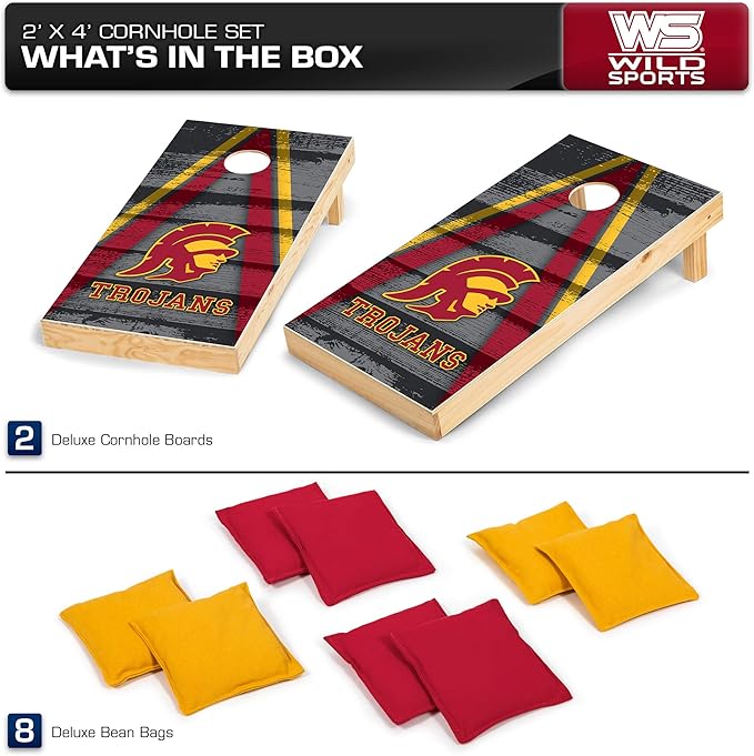 Wild Sports NCAA College 2' x 4' Wood Direct Print Tournament Cornhole Set, 8 Bean Bags, Vintage