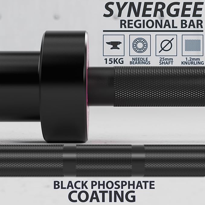 Synergee Regional Olympic 20kg Men’s and 15kg Women’s Hard Chrome & Black Phosphate Barbells. Rated