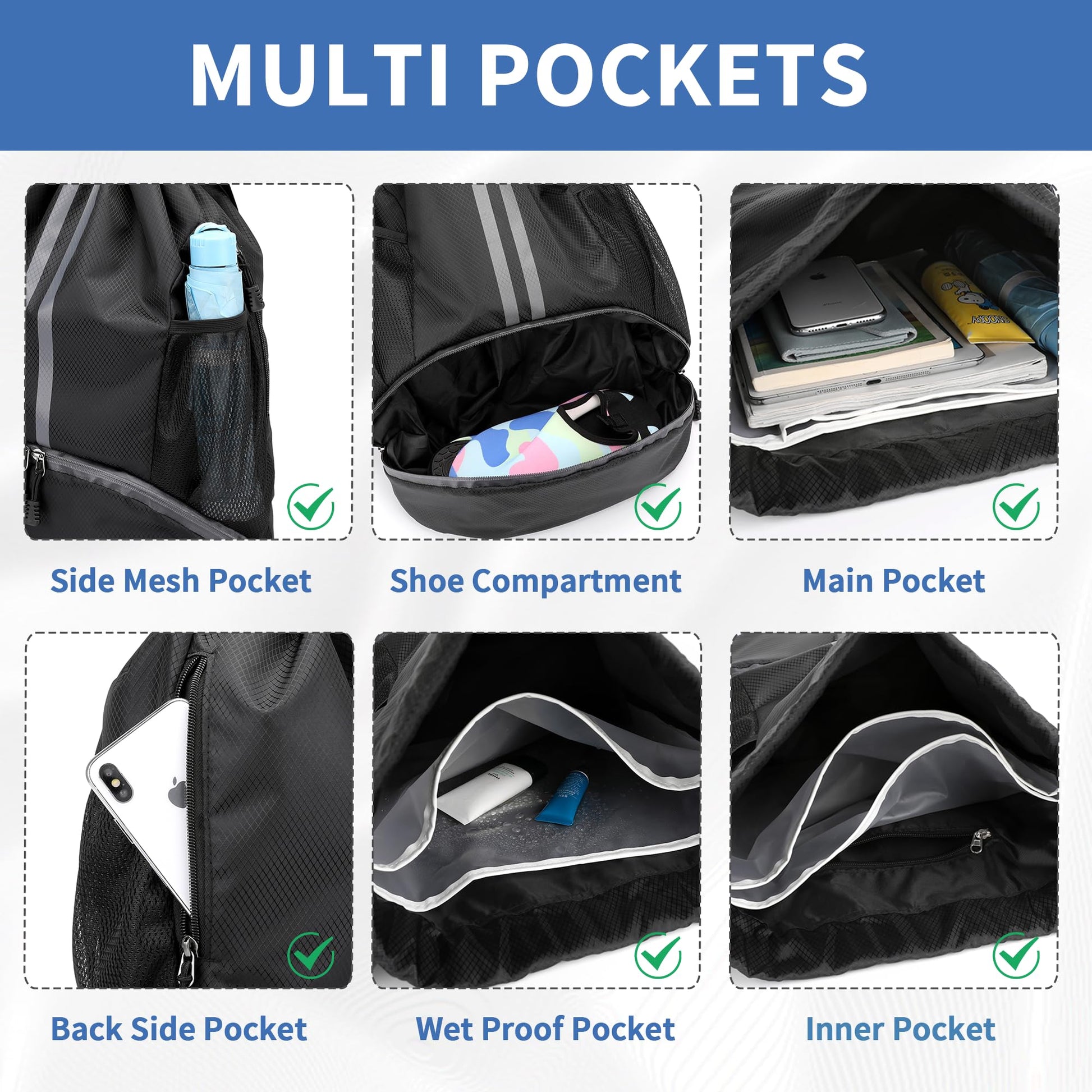 JELUTAR Drawstring Backpack Gym Bag with Shoes Compartment, Black