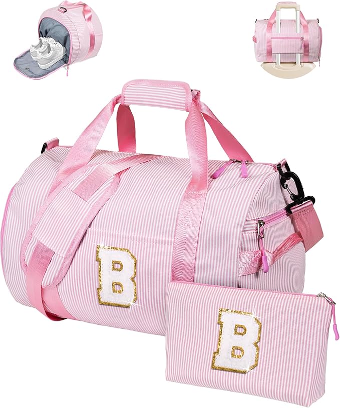 Cute Preppy Gifts for Girls, Girl Gym Bag, Kids Initial Overnight Duffel Bags with Shoe