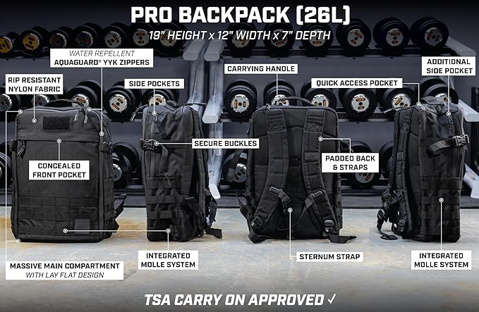 SERIOUS STEEL FITNESS Gym Bag, Rip-Resistant Fabric, Heavy Duty (Black, Backpack (Pro-Mini (26L)