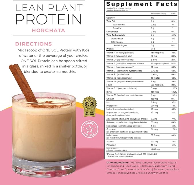 One Sol Lean Plant-Based Protein Powder, Pea & Brown Rice Protein, Low Carb, Vegan Friendly