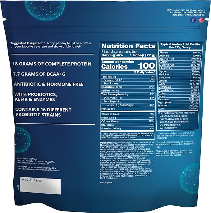 MRM Nutrition Whey Protein | Chocolate Flavored | 18g Protein | with 2 Billion probiotics +
