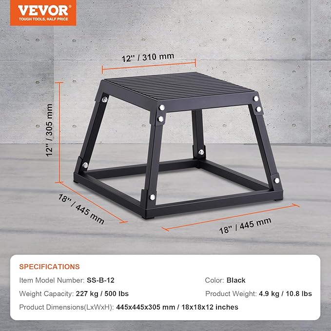 VEVOR Plyometric Jump Box, 18 Inch Plyo Box, Steel Plyometric Platform and Jumping Agility Box
