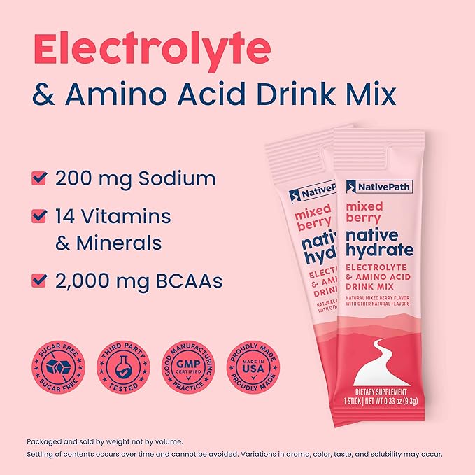 NativePath Native Hydrate Stick Packs, Sugar Free Electrolytes Powder with BCAAs, Mixed Berry