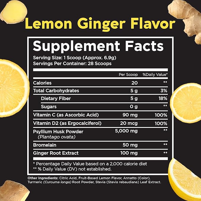Pinch Magic Sugar Free Fiber Powder ??Light Lemon Ginger Psyllium Husk with Bromelain & Vitamins C