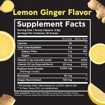 Pinch Magic Sugar Free Fiber Powder ??Light Lemon Ginger Psyllium Husk with Bromelain & Vitamins C