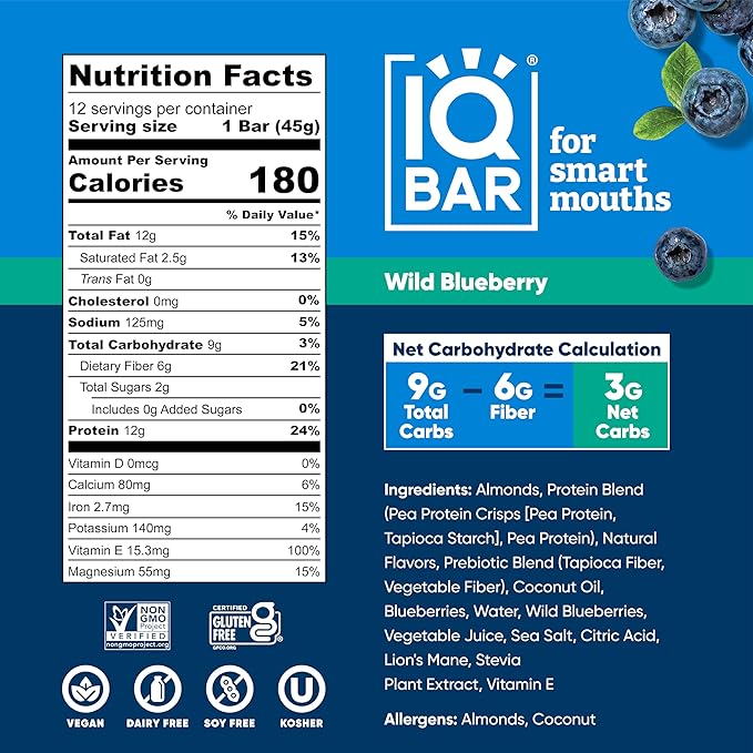 IQBAR Brain and Body Plant Protein Bars - Wild Blueberry - 12-Count Low Carb - Gluten Free, High
