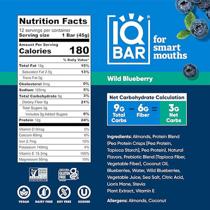 IQBAR Brain and Body Plant Protein Bars - Wild Blueberry - 24-Count Low Carb - Gluten Free, High