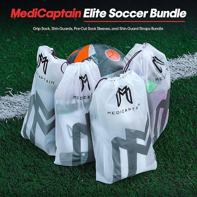 Soccer Grip Socks, Shin Guards, Pre Cut Sock Sleeves, and Guard Straps Bundle Pack - Essential