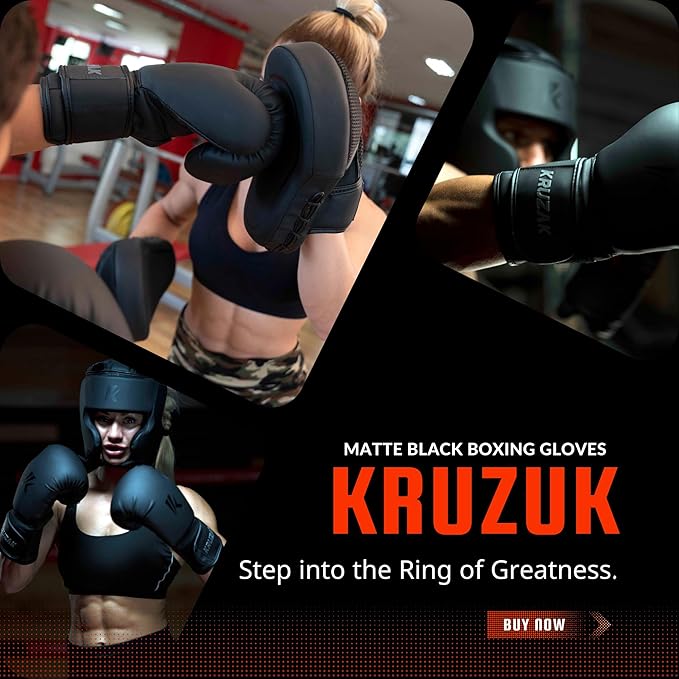 Kruzak Matte Black Boxing Gloves and Pads, Boxing Gloves Training Set for Kickboxing and Muay Thai