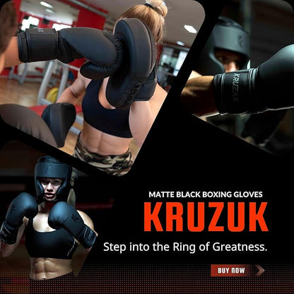 Kruzak Matte Black Boxing Gloves and Pads, Boxing Gloves Training Set for Kickboxing and Muay Thai