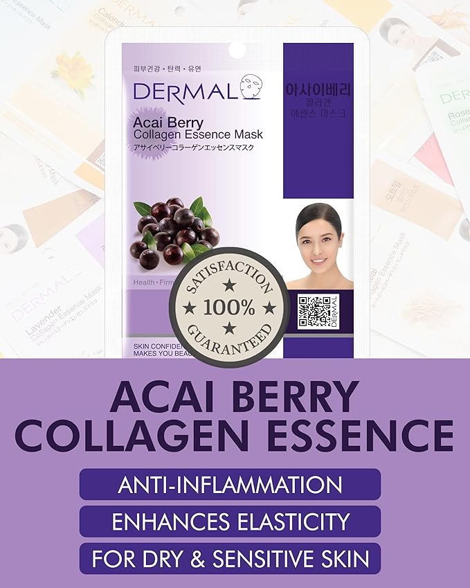 DERMAL Acai Berry Collagen Essence Facial Mask Sheet 23g Pack of 10 - Moisturizing & Firming Keeps