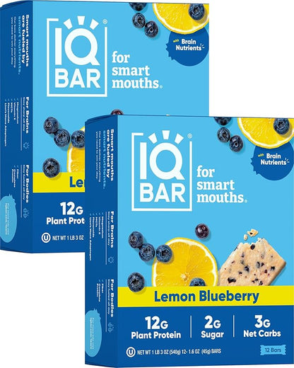 IQBAR Brain and Body Plant Protein Bars - Lemon Blueberry - 24-Count Low Carb - Gluten Free, High