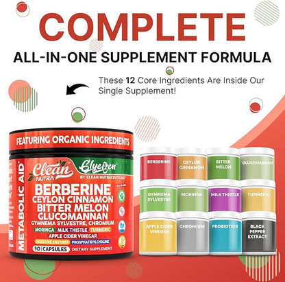 Clean Nutra Berberine and Ceylon Cinnamon Supplement Bitter Melon Glucomannan Gymnema Sylvestre