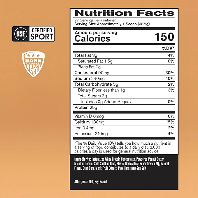 BARE PERFORMANCE NUTRITION, BPN Whey Protein + Casein Protein Powder Blend, Peanut Butter, 25g