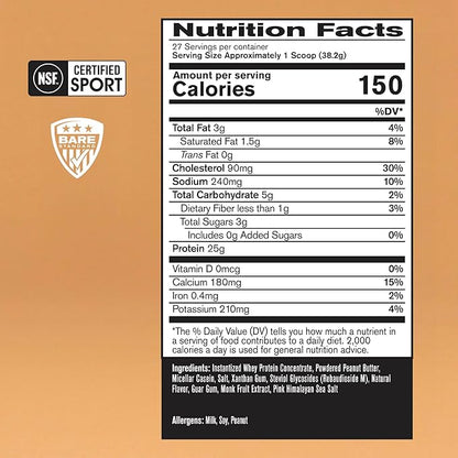 BARE PERFORMANCE NUTRITION, BPN Whey Protein + Casein Protein Powder Blend, Peanut Butter, 25g