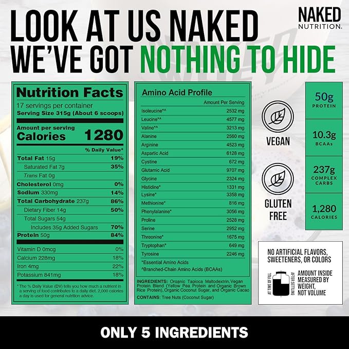 NAKED Vegan Mass - Chocolate Vegan Weight Gainer - 1,280 Calories, Non-GMO, Soy & Gluten Free, No