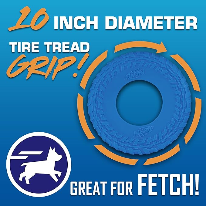 Nerf Dog Tire Flyer Outdoor Dog Toy, 10 Inch Flying Disc Dog Fetch Toy, Rubber Dog Toy for Medium