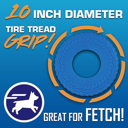 Nerf Dog Tire Flyer Outdoor Dog Toy, 10 Inch Flying Disc Dog Fetch Toy, Rubber Dog Toy for Medium