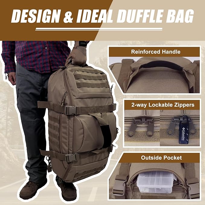 65L Large Travel Gym Duffle Bag Military Tactical Backpack, Army Pack 3 Day Bug Out Bag Rucksack