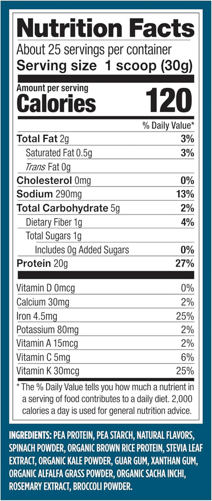 Vega Premium Protein + Supergreens - 20g Protein, Creamy Vanilla, 25 Servings, Spinach,Kale