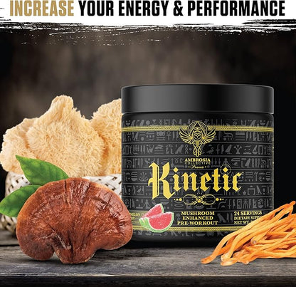 Ambrosia Kinetic Organic Preworkout, Mushroom Enhanced Natural Pre Workout Supplement, Nootropic