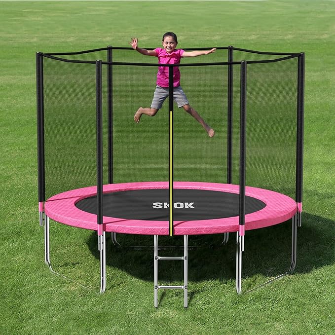 SKOK Trampoline 8FT 10FT 12FT 14FT 15FT Trampolines with Enclosure Net, 400LBS Outdoor Trampolines