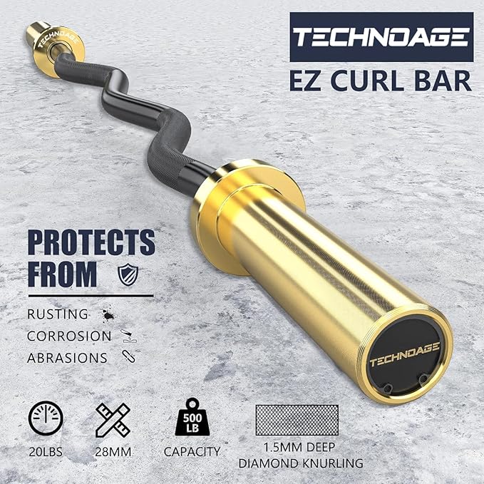 TECHNOAGE Olympic EZ Curl Bar, 47" Curl Bar(350/500LBS Capacity) 20LB, Solid Steel, Chrome Finish