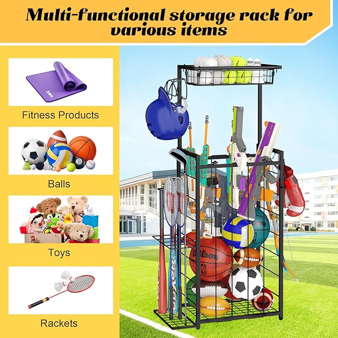 Sports Equipment Organizer, Small Garage Ball Storage Rack with Elastic Straps and 3 Hooks, Garage