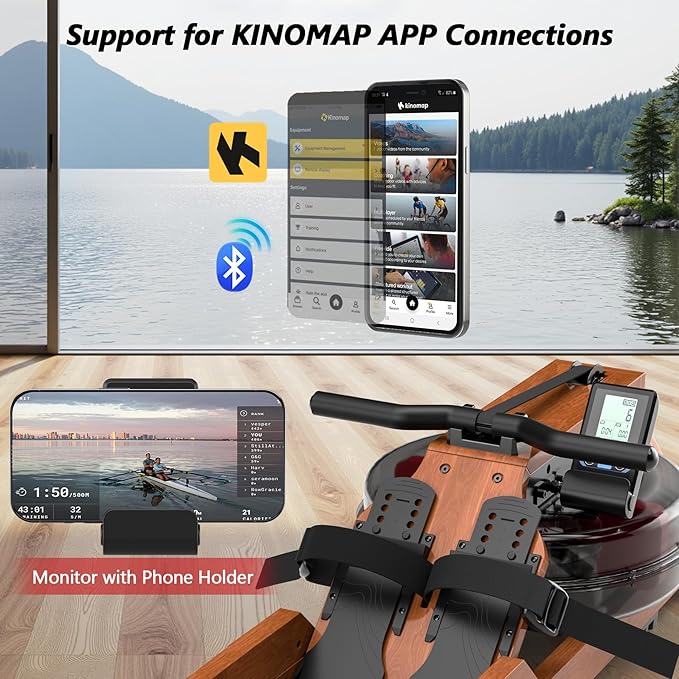 Water Rowing Machine for Home Use, WENOKER Wooden Foldable Rower Machine with Adjustable Monitor &