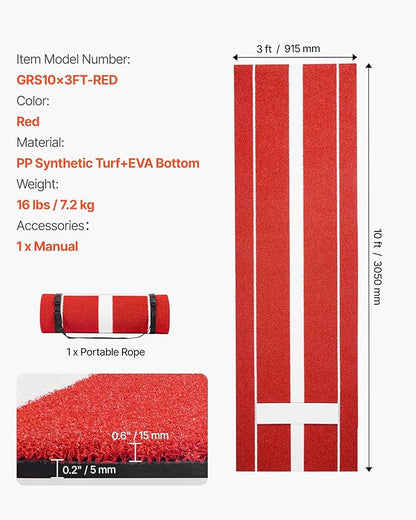 VEVOR 10x3ft Softball/Baseball Pitching Mat with Rubber Mound - Anti-Fade Turf & Anti-Slip Foam