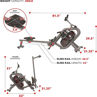 Sunny Health & Fitness Elite Water Rowing Machine with High Dynamic Resistance Vertical Tank