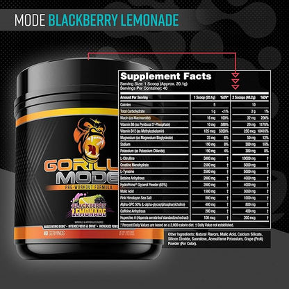 Gorilla Mind Pre Workout - Massive Pumps Laser Focus Energy Power - L-Citrulline, Creatine