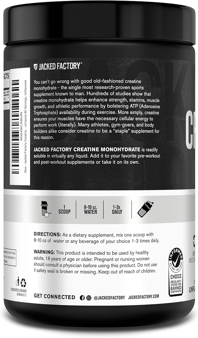 Jacked Factory Creatine Monohydrate Powder 425g - 5g Daily Creatine Supplement for Men and Women