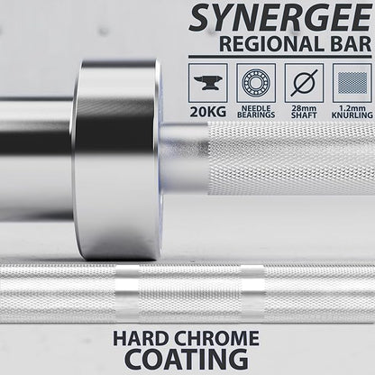 Synergee Regional Olympic 20kg Men’s and 15kg Women’s Hard Chrome & Black Phosphate Barbells. Rated